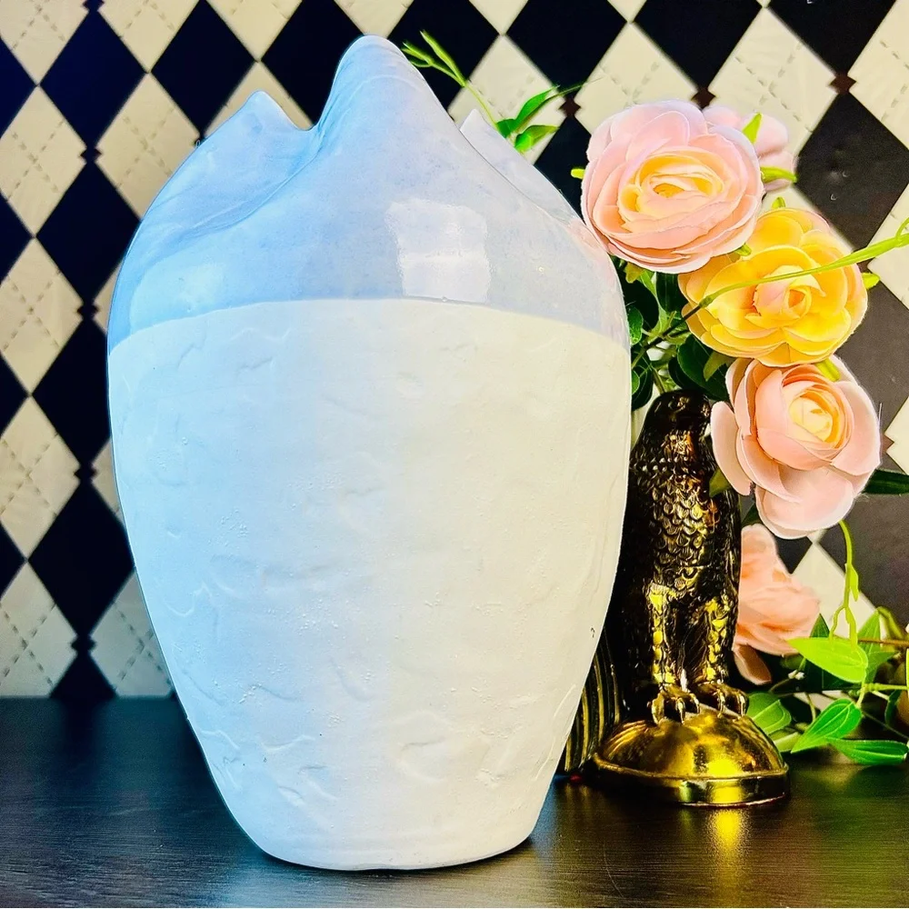 Large Wabi‎ Sabi Studio Pottery Vase Sculptural Ceramic Pinched Rim Blue White